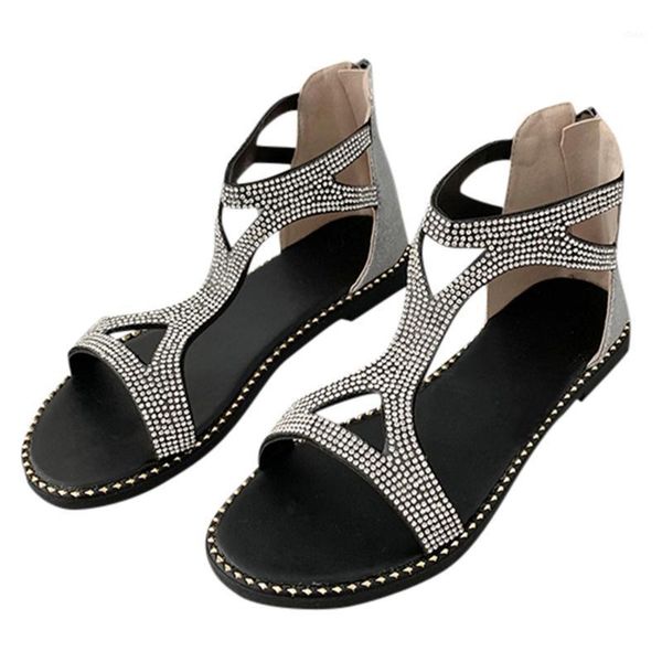 

2020 new style shoes women summer hollow out rhinestones shoes thick heel zipper sandals zapatos mujer 37-39#04101, Black