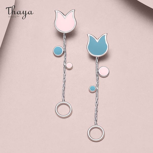 

thaya original color plated earrings tulip enamel 925 silver needles tassel earring for women fine jewelry gift q1219, Golden;silver