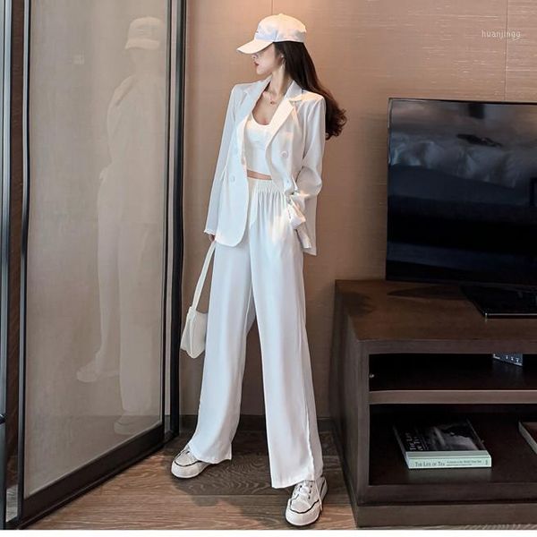 

two piece set autumn new thin blazer + straight tube pendant wide leg pants fashion suit women's clothing suit korea sets1, White