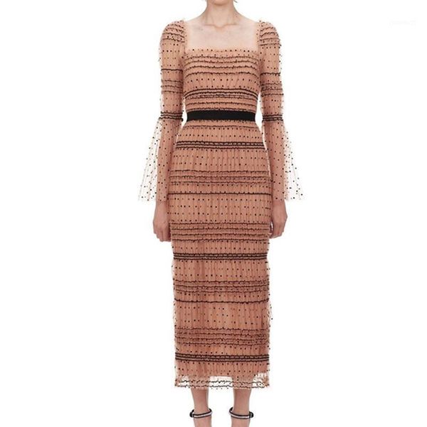 

self-portrait runway women polka dot mesh long dress spring flare long sleeve square tunic collar elegant party dresses vestidos1, Black;gray