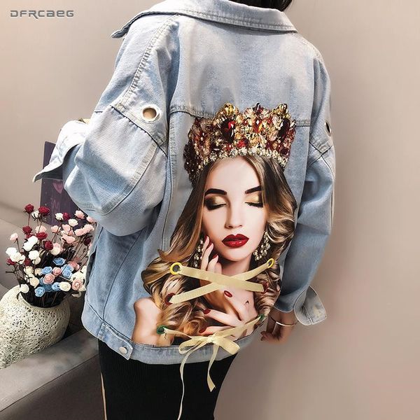 

portrait print women jeans jacket with eyelet 2019 fashion summer streetwear denim beading coat loose vintage outwearx1016, Black;brown