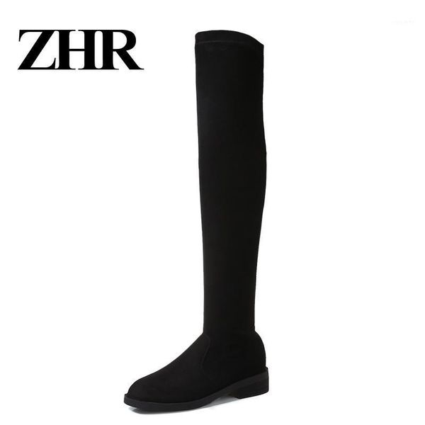 

2020 over the knee boots women shoes plush slim fit elastic flock winter ladies over knee long thigh high botas1, Black