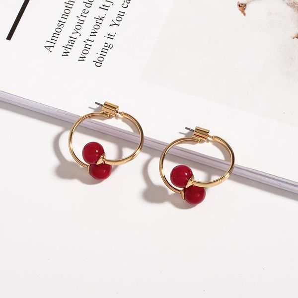 

korea simulated pearl earrings for women girl personality red cherry stud earrings for womens temperament earstuds e351, Golden;silver