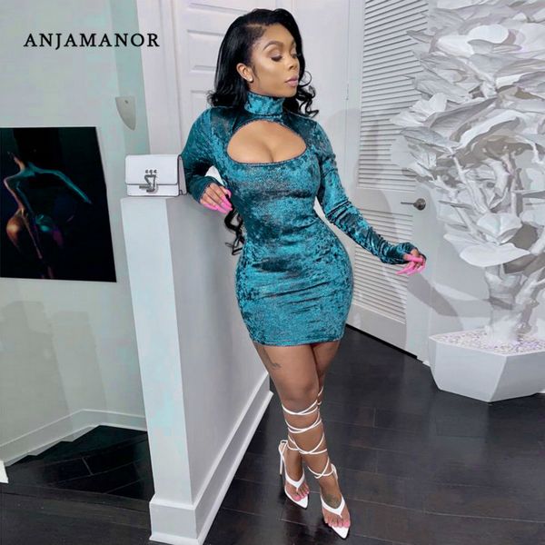 

anjamanor velvet dresses woman party night club wear winter cut out high neck long sleeve bodycon mini dress d54-ab70 y200418, Black;gray