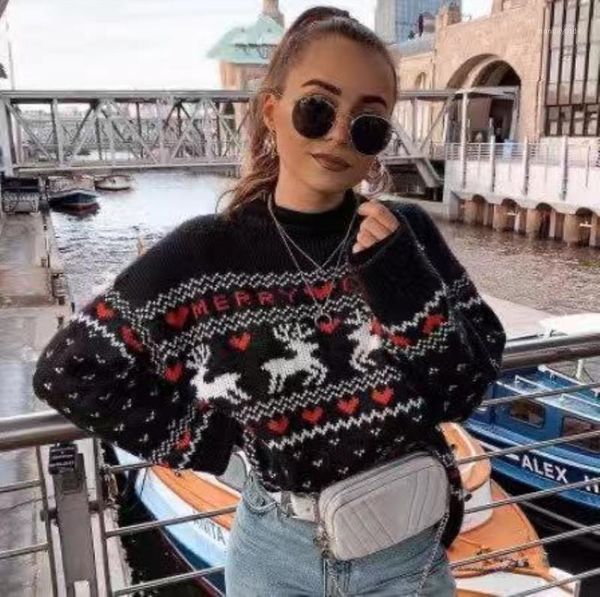 

2021 christmas sweaters fashion women long sleeve deer print knitted sweaters autumn winter warm female pullover chic, White;black