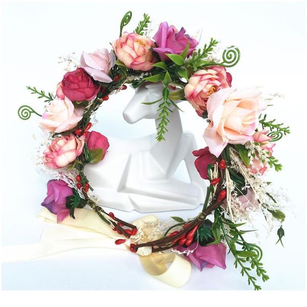 

spring rose flower headband wreath kids party floral garlands adjustable festival flower crown women wedding hair acc qyldnk