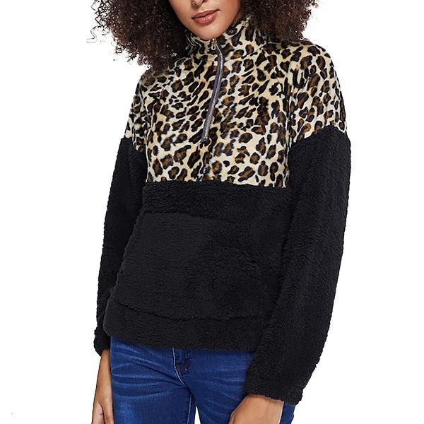 

feitong hoodies sweatshirts women leopard long sleeve fleece sweatshirt warm zip fuzzy hoodie pullovers hooded sweatshirt, Black