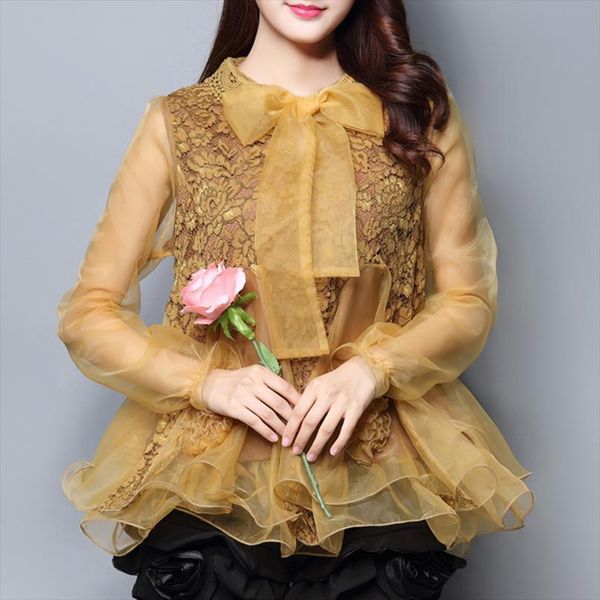 

spring autumn 2021 new fashion women lace patchwork long sleeve ruffles organza blouse ladies womens bow loose 6xl blouses, White