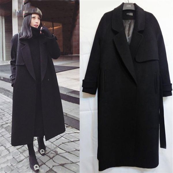 

casual wool blend trench coat oversize long coat with belt women wool cashmere outerwear winter jackets female outw black