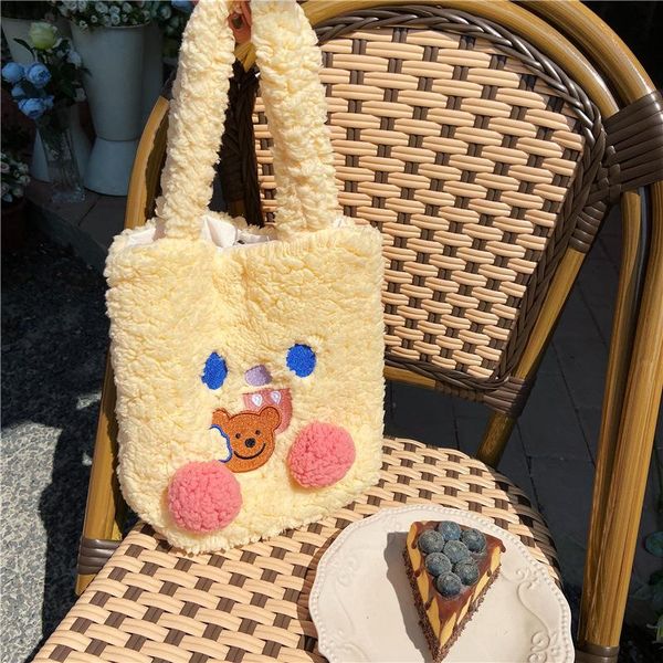 

winter soft plush handags for women artificial lamb wool ladies shoulder bags cute cartoon bear girls casual tote shopping bag