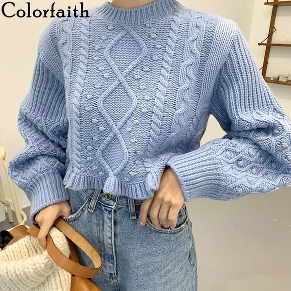 

colorfaith new spring fall women's sweaters pullover knitting o-neck lantern sleeve loose elegant casual solid sw3076 201023, White;black