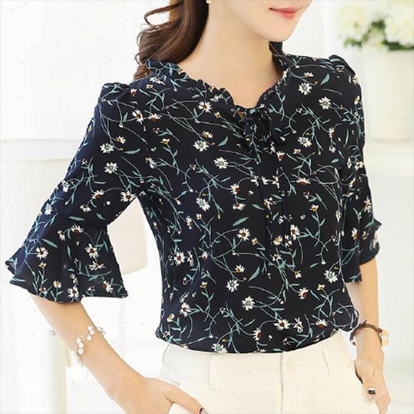 

2021 summer chiffon shirt women blouses fashion half plus size printing womens clothing sweet womens blusas 31j 30, White