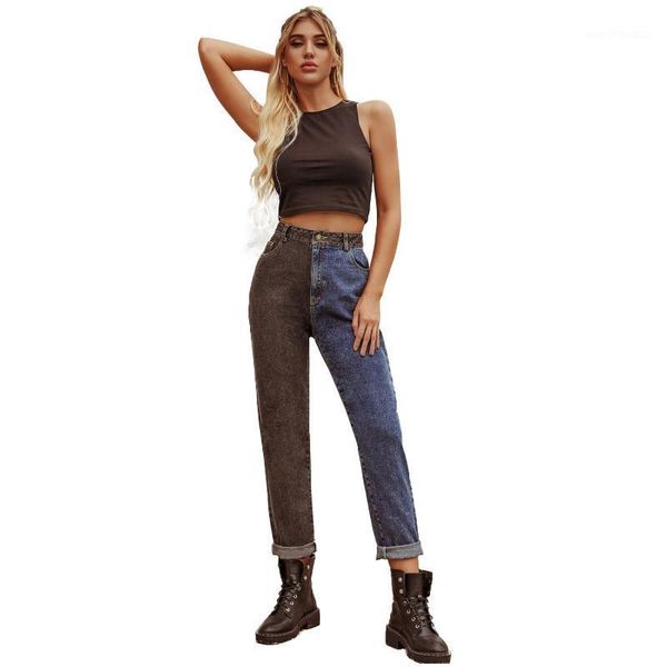 

women's jeans vintage color matching for women's teen girls 2021 spring fall high waist loose traight denim pant trousers wide leg, Blue