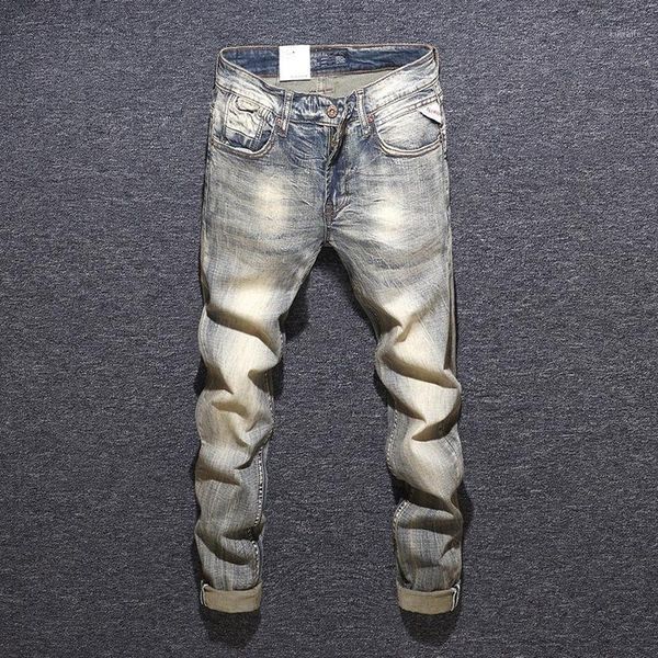 

2020 new retro and old men's jeans solid color water wash zipper hole jeans for men autumn casual straight mens1, Blue