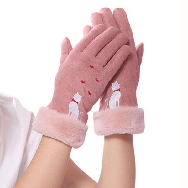 

fashion elegant female wool touch screen winter women warm cashmere full finger leather bow dotted embroidery gloves, Blue;gray