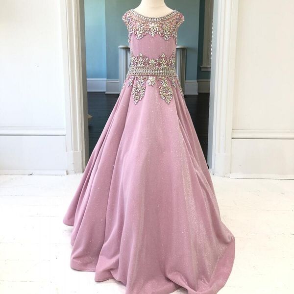 Glitter Pageant Vestidos para Adolescentes Juniors 2020 lindo Pink Glitter Tecido mangas Pageant Partido Vestidos Lace-Up AB Pedras Crystals