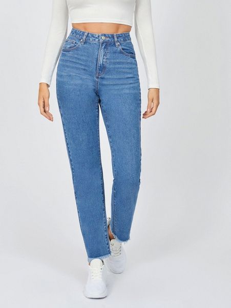 

tall high waisted raw hem straight leg jeans p5lq#, Blue