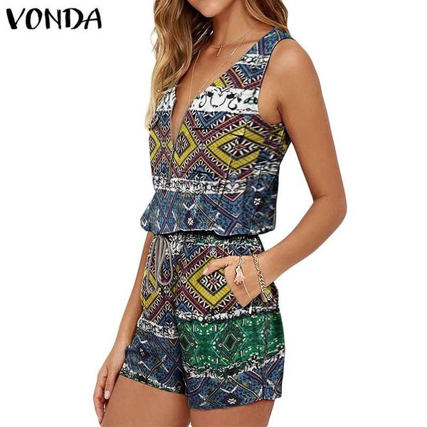 

summer rompers 2020 vonda sleeveless vintage printed short overalls femme bohemian party sundress loose jumpsuits s-5xl, Black;white