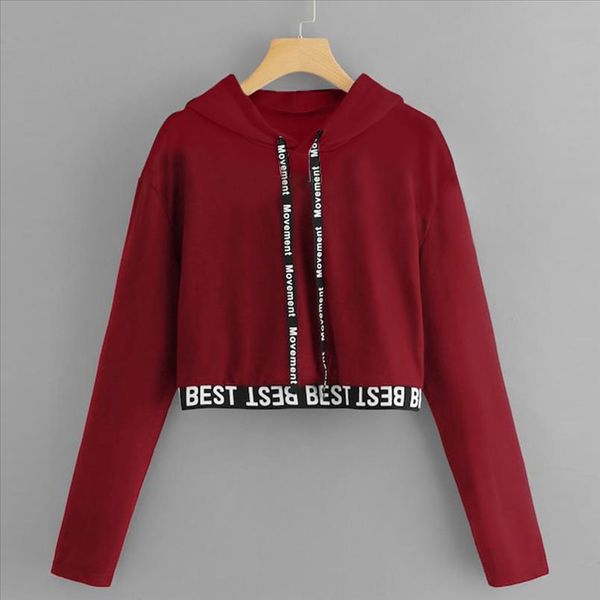 

womens letter hoodies long sleeve splice pullover hooded sweatshirt short blouse clothes cropped feminino blusas mujer, Black