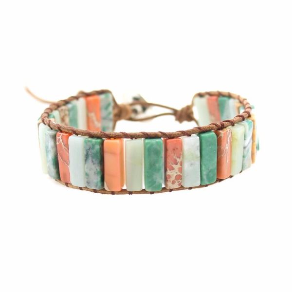 

boho style natural amazonite and emperor stone tube stone singer wrap beaded adjustable bracelet jewellery, Golden;silver