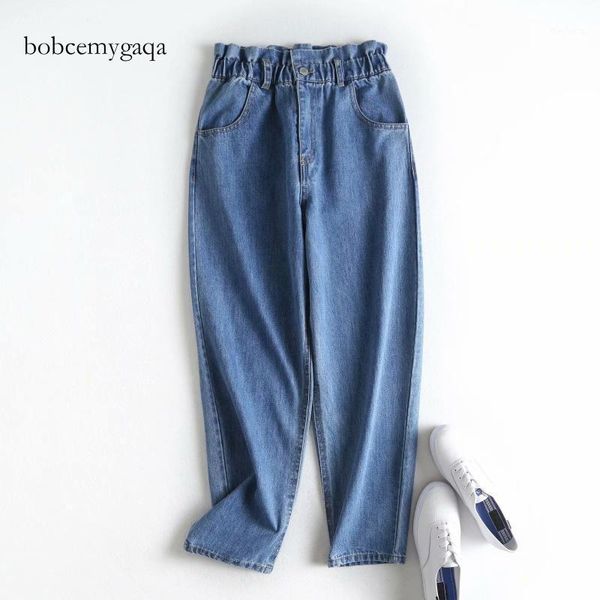 

vintage ruffled high waist jeans women spring denim trousers pocket ankle length ladies harem pants elastic waist mom jeans1, Blue