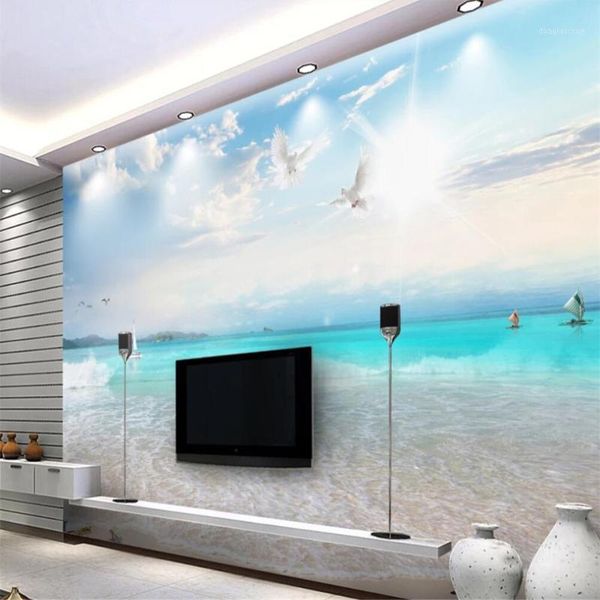 

wallpapers dropship custom large wallpaper mural blue sky white cloud beach seascape bedroom background wall decoration painting1