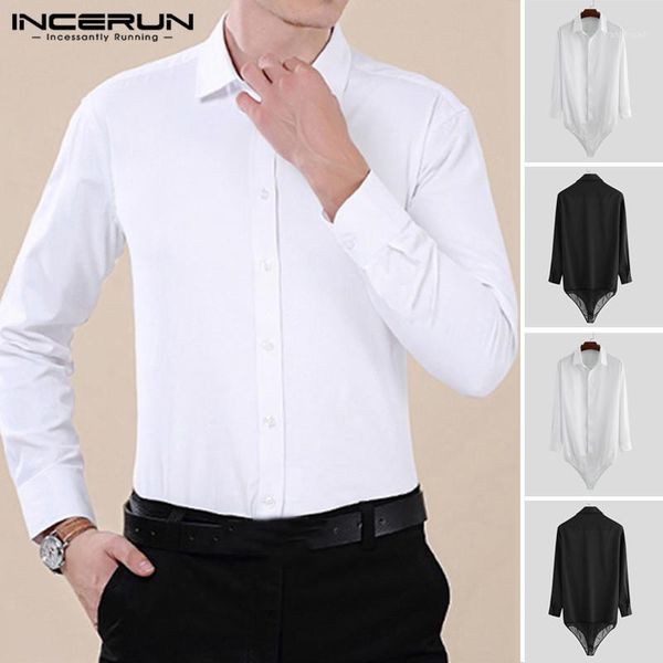 

fashion men dress shirt bodysuit streetwear long sleeve button lapel party shirts romper 2020 solid color camisa s-5xl incerun1, White;black