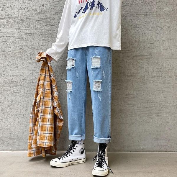 

summer drawstring hole jeans men's fashion washed solid color casual straight jeans men streetwear hip hop loose ripped1, Blue