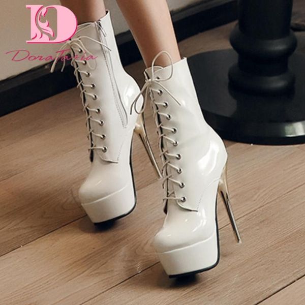 

doratasia new fashion ladies paltform ankle boots cross tied thin high heels boots women 2020 office elegant woman shoes, Black