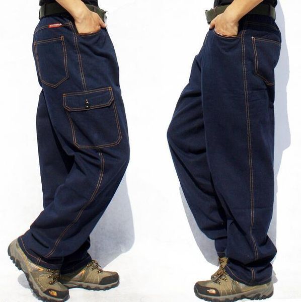 

2021 multi-pocket breeze loose men's straight bagy denim male sweatpants wearing pants plus size 28 1we8, Blue