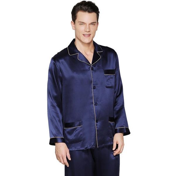 

men's sleepwear 22mm real 100% men silk pajamas set spring summer winter noble blue color solid thicken, Black;brown