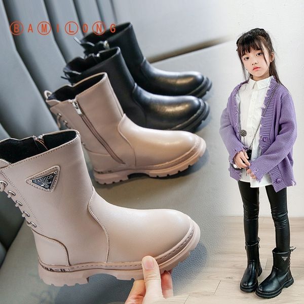 

bamilong fashion leather girls martin boots zipper children ankle boots autumn winter new plush waterproof kids shoes s388 201113, Black;grey