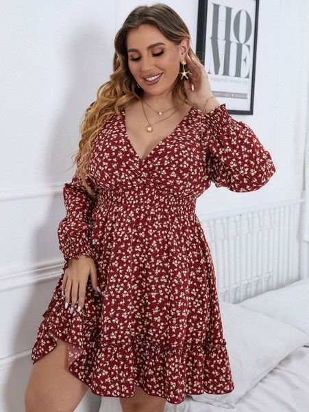 

plus ditsy floral shirred lantern sleeve ruffle hem dress c19e#, Black