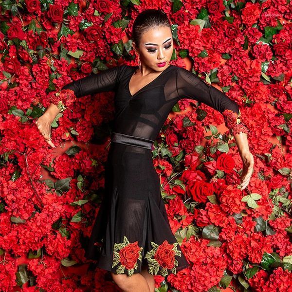

women rose embroidery flapper dresses latin dance dress for ballroom tango samba rumba dance performance competition1, Black;red