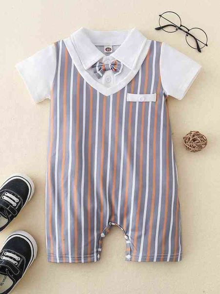 

baby striped print bow front 2 in 1 romper she, Blue
