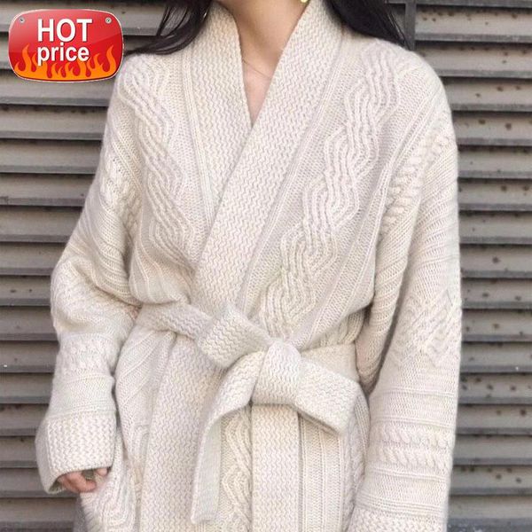 

cashmere embroidery cardigan sweater women winter 2020 casual zipper warm loose knitted cardigans outwear jact coat with belt #pf17, White