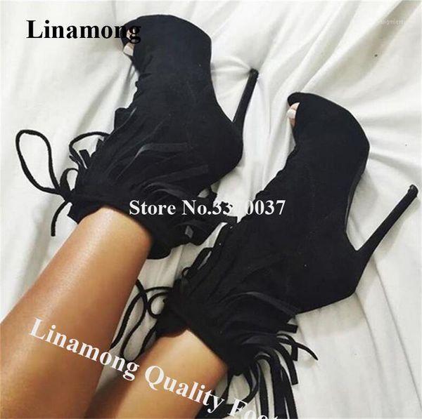 

linamong charming peep toe suede leather stiletto heel tassels short gladiator boots lace-up fringes ankle booties dress heels1, Black