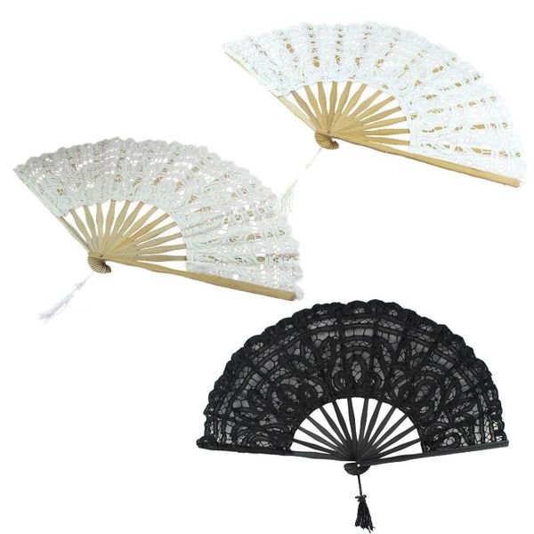 

handmade cotton lace folding hand fan for party bridal wedding decoration (black)