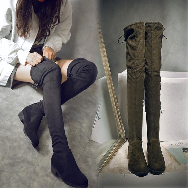 

2020 new female stretch knee long flat boots lace up thigh boot spring and autumn real leather boots stovepipe booties for women, Black
