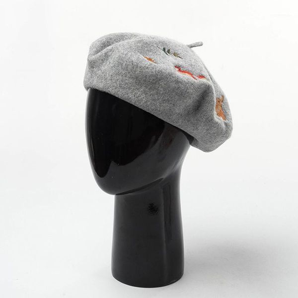 

autumn and winter new squirrel leaves embroidered wool beret artist hat wool hat1, Blue;gray