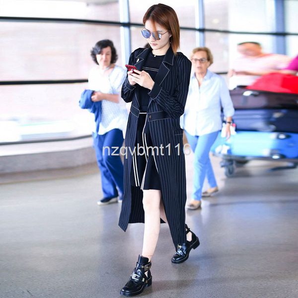 

women's wool & blends xu lu star same style spring and autumn clothes lapel long sleeve fashion stripe windbreaker coat women, Black