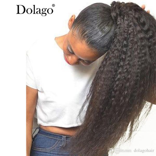 

kinky straight ponytail for women natural coarse yaki remy hair 1 piece clip in ponytails black 100% human hair dolago