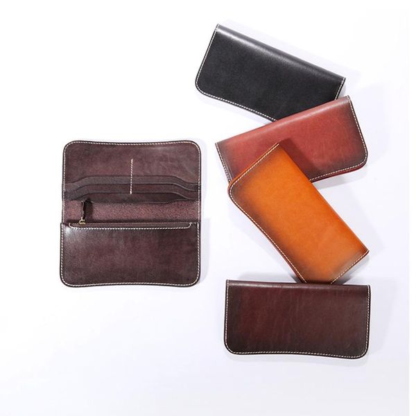 

2021 new original vegetable tanned handicraft money wrapped layer cowhide long leather wallet bag, Red;black