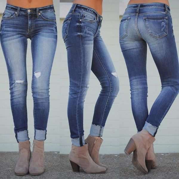 

2020 women autumn elastic plus loose hole denim casual small feet cropped jeans_3.15, Blue