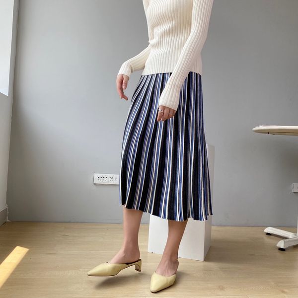 

2021 new a-line autumn pleated high waist striped long skirt femme elegant jupe saia women knitted skirts tq9c, Black