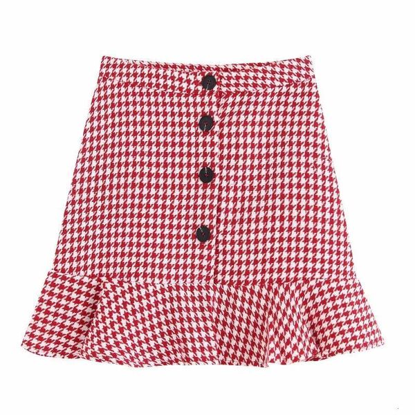 

2019 women high street red plaid houndstooth print hem ruffles mini skirt faldas mujer ladies single buttons chic skirts qun409, Black