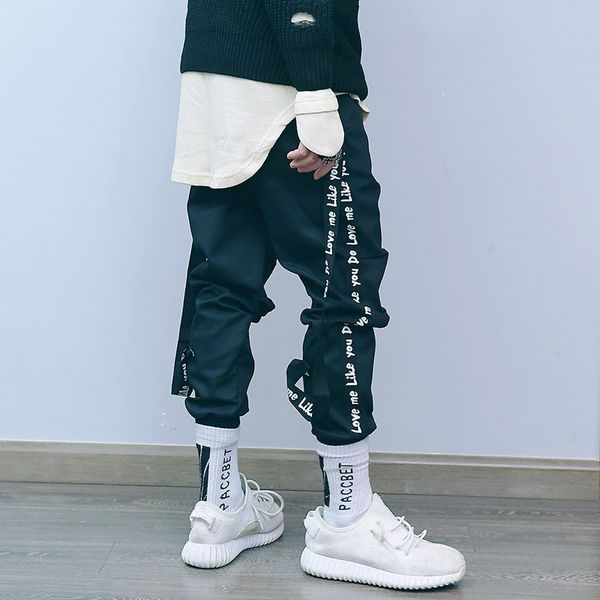 

2021 mens new streetwear fashion casual removable ribbon men brand street style hip hop pants trousers xzl2, Black