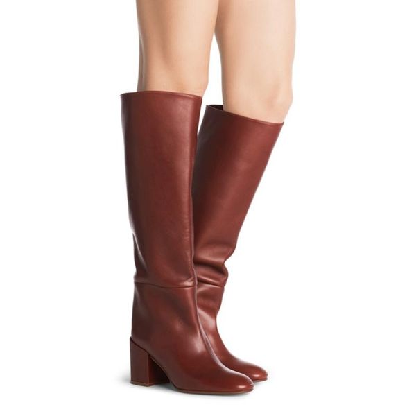 

boots leather mid heel slip on tall round toe block knee high for women ladies chunky winter shoes 2021 botas pretas, Black