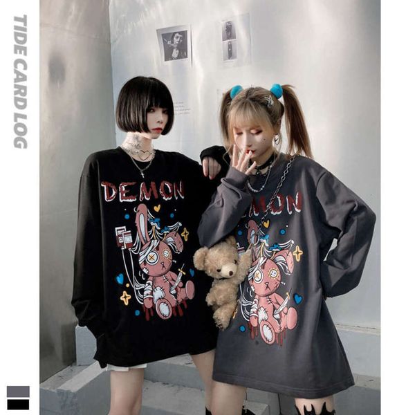 

autumn and winter new round neck pullover long sleeve loose sweater animation cartoon printed student lazy wind top, Black