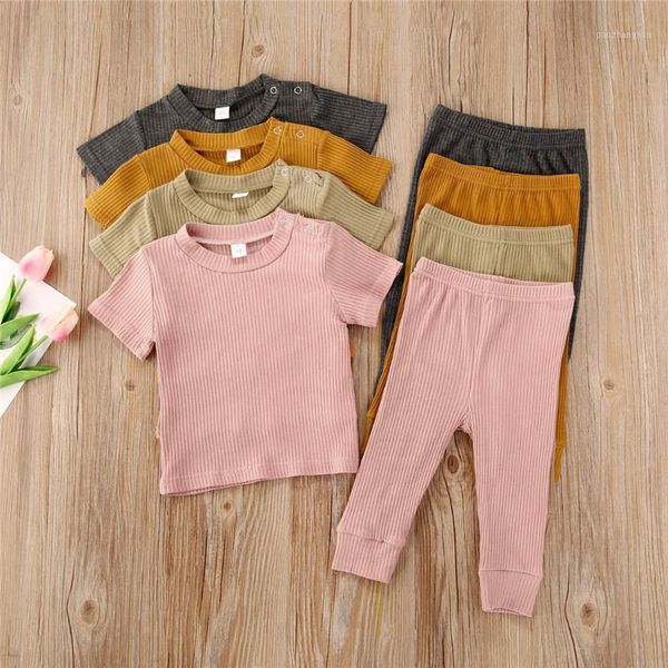 

clothing sets 2pcs summer born kids baby girls clothes 4 colors solid knitted short sleeve t-shirts+ long pants pajamas outfits 0-24m1, White